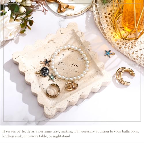 Threehoney 5.5 Inch Small Travertine Scallop Edge Stone Tray Marble Jewelry Dish Trinket Tray for Women, Perfume, Coffee Table(Square) - style: Square