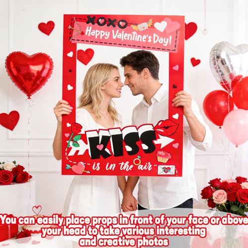 Valentine's Day Photo Booth Frame - Red Pink Kiss is in The Air Funny Paper Photo-Props Background Photography, Romantic Valentine's Day Party Supplies for Couples, Galentine's & Date Night - color: Valentine Party Photobooth Props