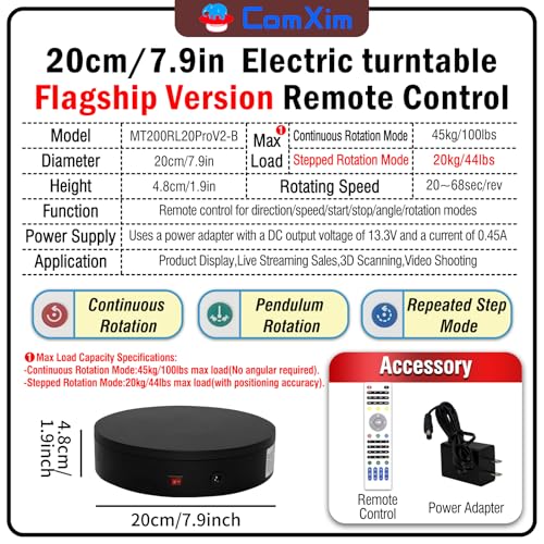 7.9In Remote Motorized Electric Turntable Rotating Display Stand Spinning Rotating Platform 360 Photography Turntable lazy susan base giratoria para for Photography,Display (Load Range:40~100lbs) - size: 7.9inch/Black/100Lbs Load