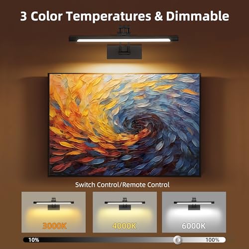 16“ Picture Lights for Wall, 8000mAh Rechargeable Wireless Picture Light with Remote, Dimmable 3 Colors LED Art Lighting for Paintings Frame Poster Dartboard Gallery Light, Black - color: Black, size: 16 inch