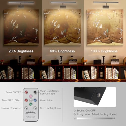 Picture Light, 13.5" Art Light, Black Picture Light Battery Operated,3CCT,Wireless Picture Lights with Remote, Light Over Picture Frame for Wall Painting(Black) - color: Matt Black, size: 13.5inches