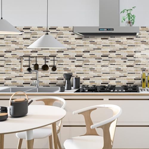 VICCI 12-Sheets Peel and Stick Tile Backsplash 12" x 12" 3D Vinyl Self-Adhesive Wall Stickers Tiles Decals for Kitchen Backsplash Bathroom Laundry Room (Beige & Yellow & Brown) Textured Style - color: Spt-004, size: 12 x 12 inch (3D Textured style)
