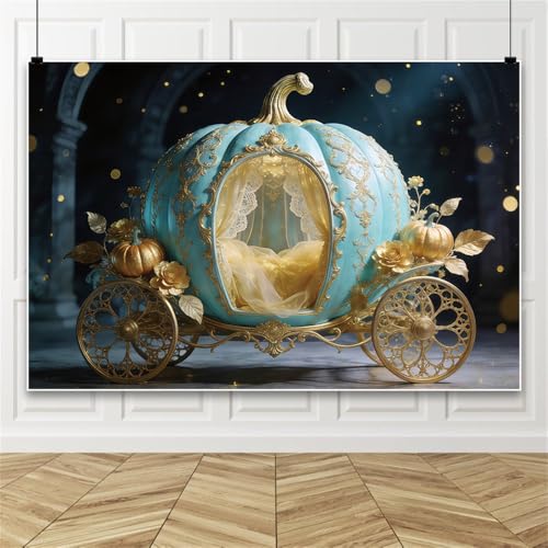 5x3ft Pumpkin Carriage Backdrop Tiffany Blue Gold Cinderella Fairytale Castle Floral Ornate Photo Background for Princess Birthday Party Wedding Baby Shower Decor Photo Booth Props Polyester - color: Blue-2, size: 5x3ft