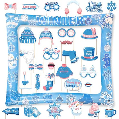 Winter Photo Booth Props Inflatable Frame, 30Pcs Winter Wonderland Photo Props with Inflatable Picture Frame Large for Frozen Holiday Party Selfie Supplies - color: Winter