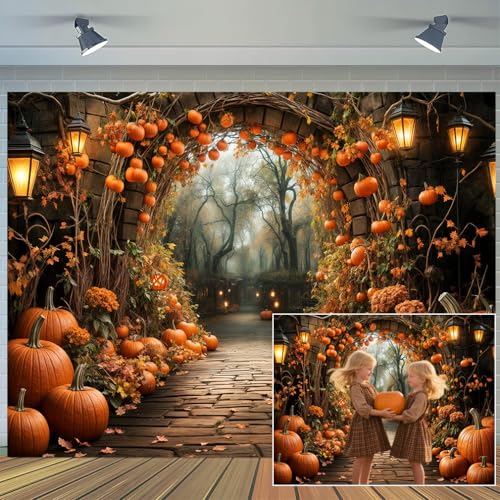 5 x 3 ft Autumn Backdrops Fall Stone Arch Leaves Pumpkin Leaf Path Scenery Photography Background Thanksgiving Yellow Flowers Seasonal Party Photo Studio Props - color: Yellow, size: 5x3ft