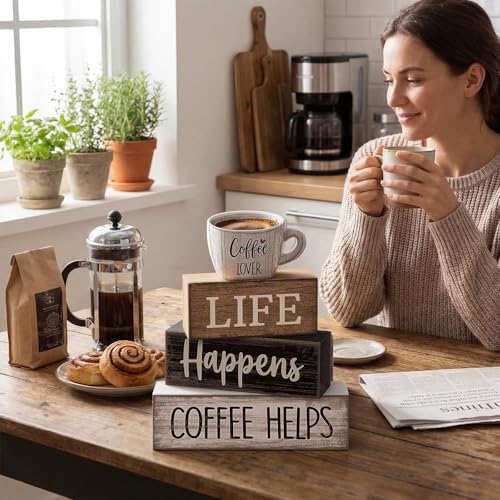 Moucuny 4 Pcs Farmhouse Coffee Bar Table Decor Vintage Wooden Stacked Block Sign - 'life Happens Coffee Helps' Table Centerpiece Rustic Wood Bar Sign Gift for Home Kitchen Shelf Tiered Tray Decor - style: Coffee Lover