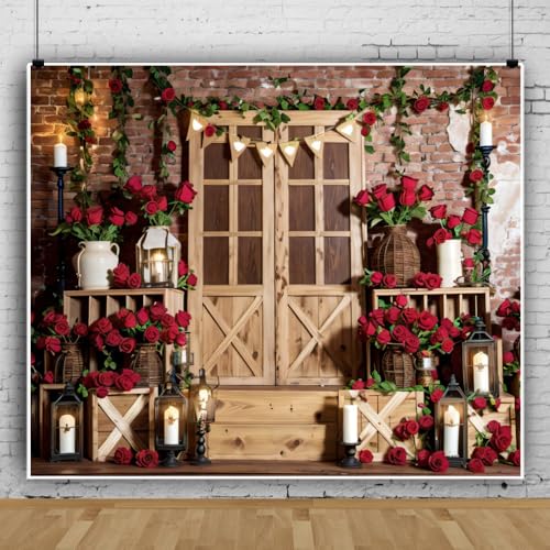 Valentines Backdrop 10x10ft Rustic Wood Door Brick Wall Red Rose Valentines Photo Backdrops for Photography Background Valentine's Day Decorations for Party Birthday Photo Booth Props - color: Brown, size: 10x10ft