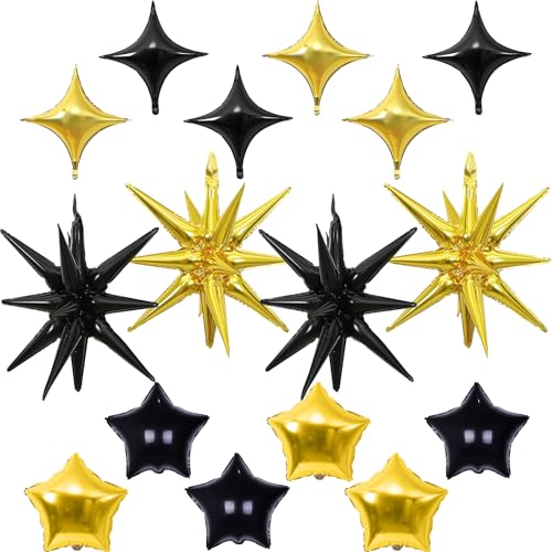 Black and Gold Star Balloons, 22in Large Star Balloons Foil 10in 4-Pointed & Pentagram Balloon for Graduation Retirement New Year Birthday Party Decorations - color: Black Gold