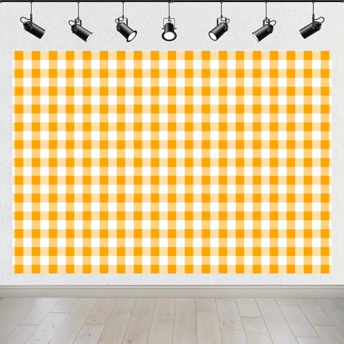BELECO 10x6.5ft Fabric Yellow and White Checkered Backdrop Yellow Gingham Pattern Plaid Texture Background BBQ Picnic Party Decorations Birthday Baby Shower Shoot Photo Props - size: 10x6.5ft