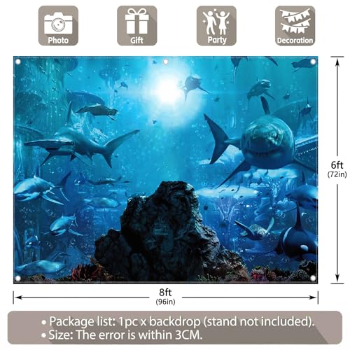 Fabric 8x6ft Shark Theme Photography Backdrop Underwater Deep Ocean Animals Fish Background Aquarium Kids Party Decorations Photo Banner Props - size: 8'x6'
