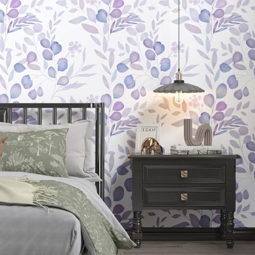 Boho Purple Leaf Peelable Wallpaper, Soft Watercolor Eucalyptus Botanical Leaves Design Self Adhesive Vinyl Casual Contact Paper for Drawer Cabinet Door Wall Decor in Violet White 17.5" x 78" - color: White/Purple, size: 17.5" x 78"