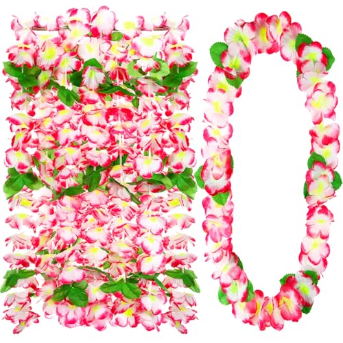 Hoteam 24 Counts Pink White Hawaiian Leis Necklace Tropical Flower Lei Floral Luau Party Decorations Hawaiian Flower Luau Necklaces Hula Dance Garland Headbands for Beach Birthday Wedding Party Favor - color: Pink White