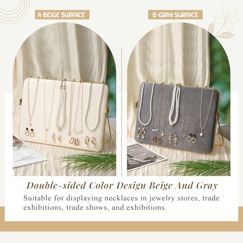 Colingmill 1 Pack Necklace Display Stand for Vendors 14 x 9.7 Inch Large Velvet Necklace Display Stand Double-sided Chain Holder Beige Grey Chain Jewelry Holder for Selling Craft Show Exhibidores