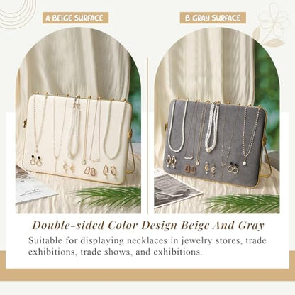 Colingmill 1 Pack Necklace Display Stand for Vendors 14 x 9.7 Inch Large Velvet Necklace Display Stand Double-sided Chain Holder Beige Grey Chain Jewelry Holder for Selling Craft Show Exhibidores