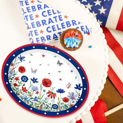 Grencian 50 Pcs 4th of July Flower Oval Paper Plates 10" × 12" Heavy Duty American Flag Plates Disposable Patriotic Platters for Independence Day Memorial Day 250th Anniversary Party Supplies Decor - style: 50Pcs 4th of July Floral Oval Plates