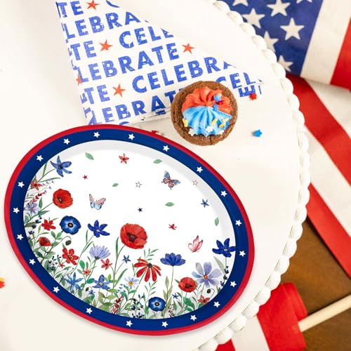 Grencian 50 Pcs 4th of July Flower Oval Paper Plates 10" × 12" Heavy Duty American Flag Plates Disposable Patriotic Platters for Independence Day Memorial Day 250th Anniversary Party Supplies Decor - style: 50Pcs 4th of July Floral Oval Plates