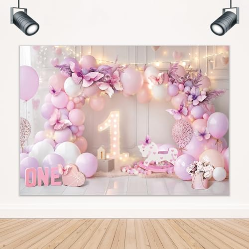 Girl 1st Birthday Backdrop 5Wx3H Feet for Purple Pink Princess Balloons Lights Butterfly First Bday Photography Background Decorations Photo Booth Studio Prop Fabric - color: Pink Purple Birthday, size: 5Wx3H
