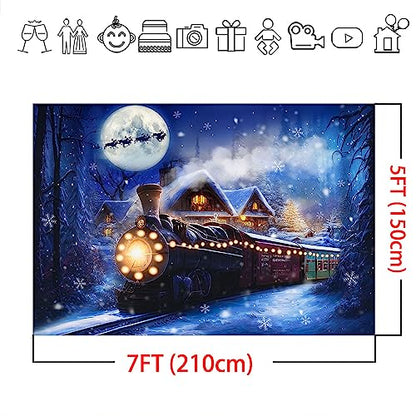 Mocsicka Christmas Train Backdrop for Photography Winter Train Xmas Snow Night Railway Party Background Wonderland Snowflake Portrait Photo Studio Props (7x5ft) - size: 7x5ft