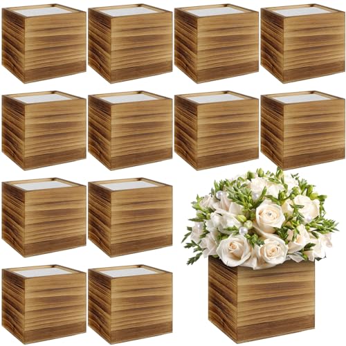 Suzile 12 Set 4 Inch Wooden Planter Box Flower Square vases for Centerpiece Rustic Cube Planter Box with Removable Foam Blocks Liner Square Vase Craft for Garden Home(Burn Wood Color) - color: Burn Color, size: 4 Inch