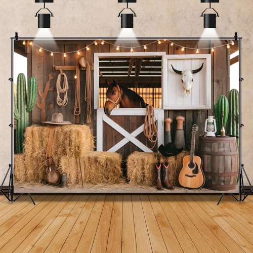 Western Cowboy Backdrop 7x5ft Rustic Barn Door Horse Banner Wild West Rodeo for Birthday Party Supplies Photo Booth Props