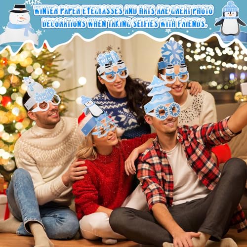 60 Pcs Winter Snowflake Party Favor Supplies Paper Eyeglasses Hat Headbands Winter Snowman Bear Penguin Party Decoration Favor Photo Booth Props for Winter Christmas Holiday Baby Shower Birthday