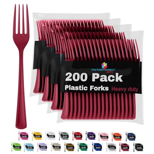 Party Solids Burgundy Plastic Forks 200 Pieces Burgundy Forks Disposable Utensils Heavy Duty Plastic Cutlery Set Disposable Cutlery Sets Flatware Sets Silverware Set Party Supplies & Party Tableware - color: Burgundy