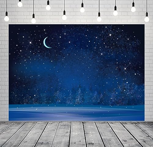 BELECO 20x10ft Fabric Winter Wonderland Night Snowfall Backdrop Blue Starry Sky Moon Stars Snowflakes Fir Trees Pine Forest Snow Scene Background Christmas New Year Party Decoration Photo Studio Props - size: 20x10FT