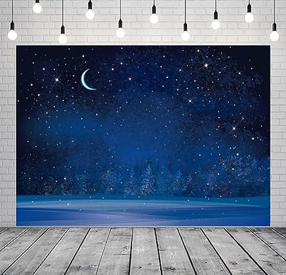 BELECO 20x10ft Fabric Winter Wonderland Night Snowfall Backdrop Blue Starry Sky Moon Stars Snowflakes Fir Trees Pine Forest Snow Scene Background Christmas New Year Party Decoration Photo Studio Props - size: 20x10FT