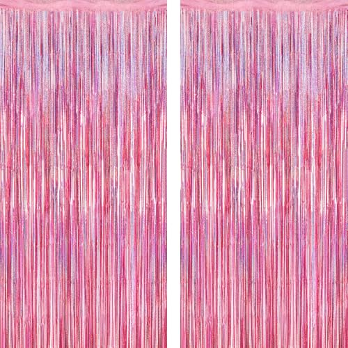 2 Pack Glitter Pink Backdrop, 3.28 FT x 7.05 FT Birthday Party Decorations, Laser Pink Fringe Curtains Foil Streamer Tinsel, Pink Curtains Photo Backdrop Happy Birthday Valentines Day Backdrop - color: Glitter pink, size: 2 PCS