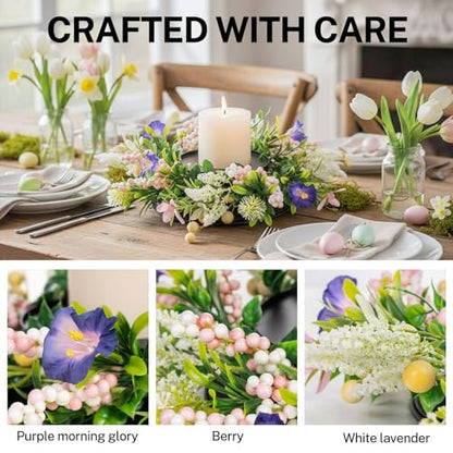 MOYEE Candle Holder Centerpieces for Tables,Candle Ring,Wreaths, Black Metal Candle Stick Paired Artificial Flowers 14 in Versatile Dining Table Centrepiece - color: Purple Trumpet Flower Wreath