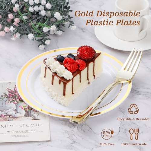 BESTVIP 50PCS Gold Plastic Plates, 10.25 Inch Disposable Dinner Plate Party with Gold Rim, Heavy Duty Disposable Plastic Plates for Christmas, Thanksgiving, Party, Wedding and Birthday - color: Gold, size: 50PC