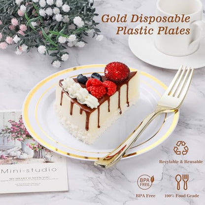 BESTVIP 50PCS Gold Plastic Plates, 10.25 Inch Disposable Dinner Plate Party with Gold Rim, Heavy Duty Disposable Plastic Plates for Christmas, Thanksgiving, Party, Wedding and Birthday - color: Gold, size: 50PC