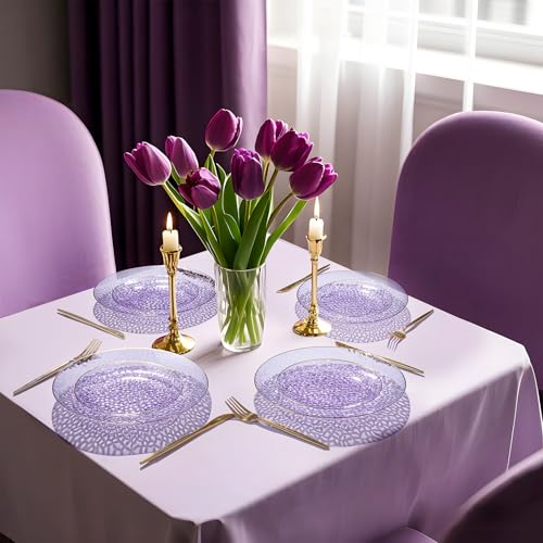 Rubtlamp 60Pcs Clear Purple Gold Plastic Plates, Purple Disposable Plates With Gold Rim, Hammered Plastic Plates Include 30 Clear Dessert Plates, 30 Dinner Plates for Party - color: Clear Purple Gold