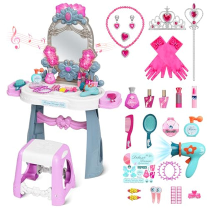 VViN Kids Vanity Set for Girls with Light & Music, Princess Vanity Table with Stool, Pretend Makeup Dresser with Crown, Scepter, Gloves & Jewelry Accessories, Toys for 3 4 5 Year Old