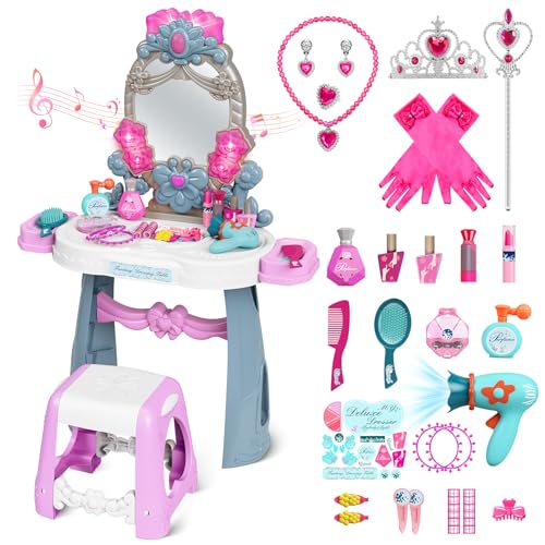 VViN Kids Vanity Set for Girls with Light & Music, Princess Vanity Table with Stool, Pretend Makeup Dresser with Crown, Scepter, Gloves & Jewelry Accessories, Toys for 3 4 5 Year Old