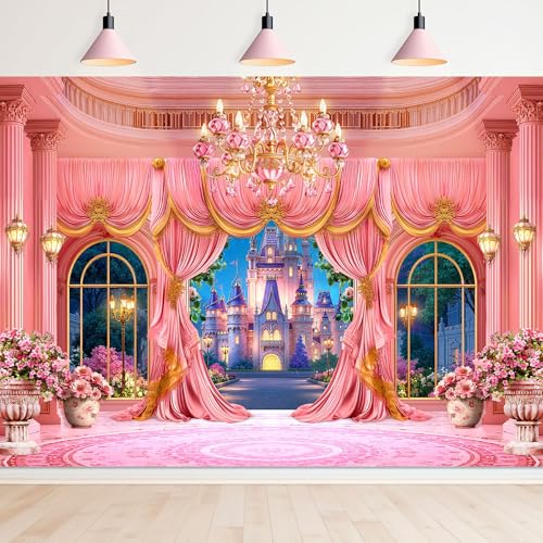 Newsely Princess Castle Garden Backdrop 7Wx5H Photography Pink Cute Palace Floral Night Plants Crystal Curtain Lamp Sky Background Girly Party Party Decorations Banner Photo Booth Props Supplies - color: B-Castle, size: 7Wx5H