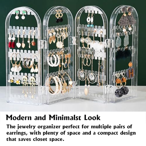 Earring Holder Organizer, Jewelry Organiser Stand, 4 Panels 260 Holes Foldable Screen Necklace Rack Multi-Purpose Dressing Tabletop Jewelry Holder for Necklaces Earrings Bracelets Rings