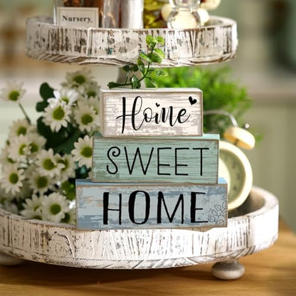Moucuny 4 Pcs Wooden Farmhouse Table Decor Rustic Home Sweet Home Stacked Blocks Decoration Farmhouse Tiered Tray Decor Decorative Eucalyptus Block Signs Gift for Kitchen Shelf Coffee Table - style: Eucalyptus