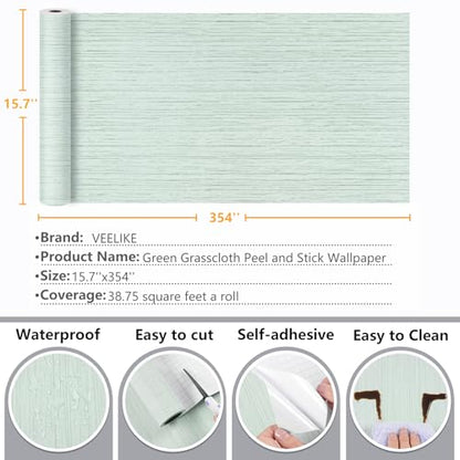 VEELIKE Light Green Grasscloth Peel and Stick Wallpaper Textured Grass Cloth Wallpaper 15.7''x354'' Removable Faux Linen Fabric Vinyl Self Adhesive Green Contact Paper for Cabinets Bedroom Bathroom - color: Light Green, size: 15.7" x 354"