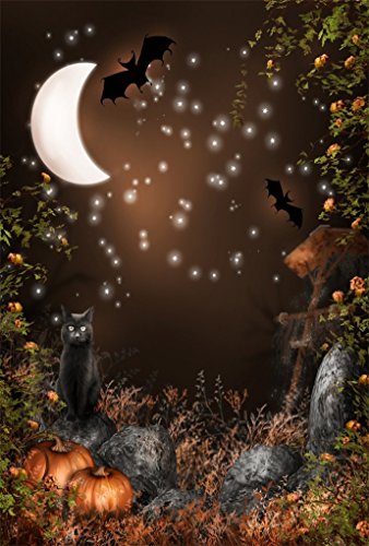 AOFOTO 5x7ft Magic Forest Background Fairytale Fall Moon Night Photography Backdrop Bat Cats Pumpkin Vines Flowers Boy Girl Child Kid Artistic Portrait Gloomy Halloween Photo Studio Props Wallpaper - size: 5x7ft