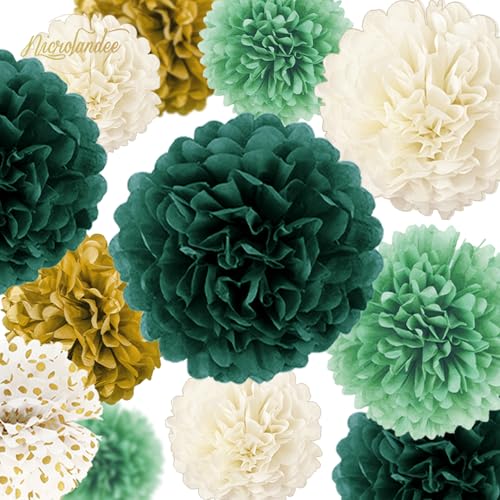 NICROLANDEE Green Wedding Party Decorations - 12 PCS Emerald Green Ivory Tissue Paper Pom Poms for Neutral Baby Shower, Vintage Party, Birthday, Bridal Showers, Rustic Wedding Decorations - style: Forest Green