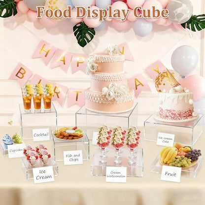 SUNEZLGO 8PCS Buffet Risers, Acrylic Large Food Risers with Mini Signs, Buffet Table Acrylic Cube Display Stands Clear Box Risers for Party Catering Dessert Jewelry Nesting Risers with Hollow Bottom - color: Clear