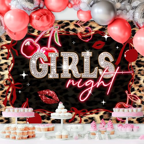 Girls Night Red Backdrop 7Wx5H Feet Fabric Polyester Leopard Print Cherry Bow Lips Birthday Vintage Cheetah Fashion Cute Glitter Woman Girly Photography Background Banner Photo Shoot Decor Prop - color: A-01leopard cherry red, size: 7Wx5H