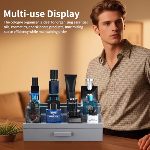 Perfume Organizer for Men, 3 Tier Wood Perfume Display Stand with Velvet Lining Drawer and Hidden Compartment for Watch,Jewelry,Perfume Display Risers,A Gift for Men (Gray) - style: 3 Tier - Grey