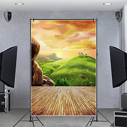 AOFOTO 6x8ft Photography Backgrounds Photo Backdrop Dreamy Pastoral Scenery Cartoon Painting Rosy Clouds Sheep Grass Hillside Wood Floor Props Video Studio Baby Kid Artistic Portrait Vinyl Wallpaper - size: 6x8ft