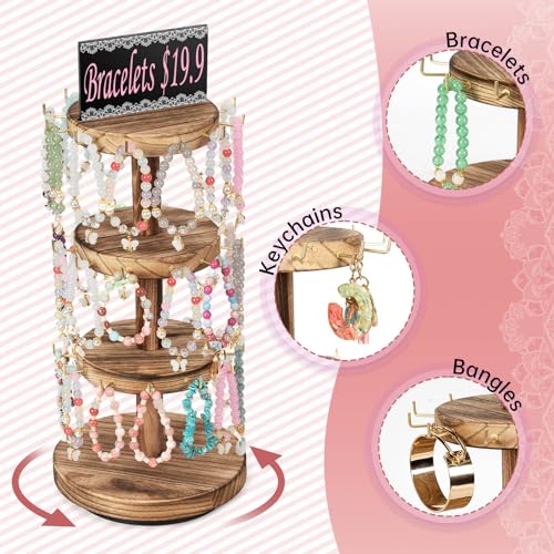 Pinzoveco Bracelet Holder, 3 Tier Wooden Rotating Bracelet Display Stand, Tree Stand Vendor Booth Display with Adversitsing Board, 36 Hooks for Bracelet, KeyChain Display Stands for Selling, Brown (Patent Pending) - color: Carbonized Brown