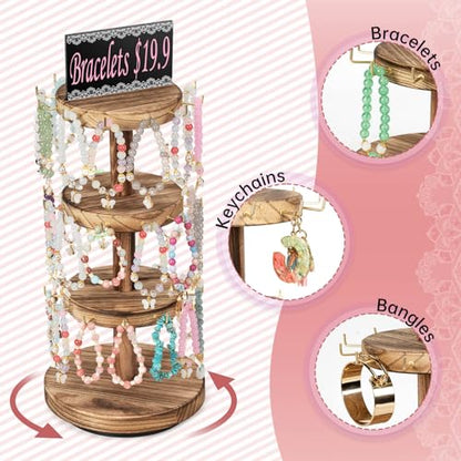 Pinzoveco Bracelet Holder, 3 Tier Wooden Rotating Bracelet Display Stand, Tree Stand Vendor Booth Display with Adversitsing Board, 36 Hooks for Bracelet, KeyChain Display Stands for Selling, Brown (Patent Pending) - color: Carbonized Brown