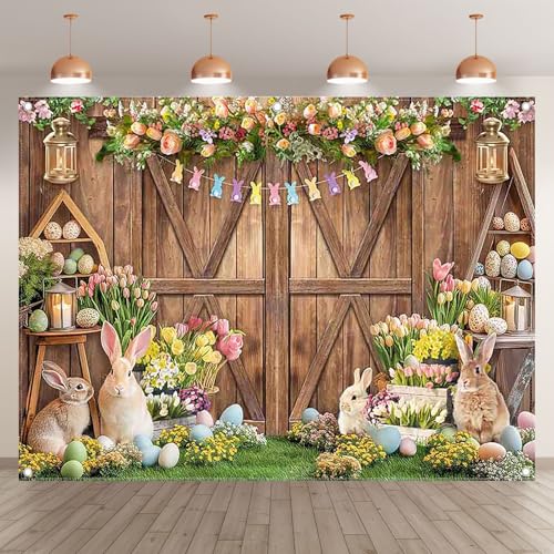 Fabric 8x6ft Spring Easter Photography Backdrop Rustic Barn Wooden Door Floral Rabbits Colorful Eggs Bunny Background Kids Adults Party Decoration Photo Banner Props