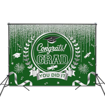 Graduation Backdrop Congrats Grad You Did It Party Decorations Background Congratulations Graduate Class of 2026 Banner Photo Booth Props (Green and Silver, 7x5ft) - color: Green and Silver
