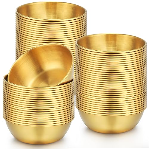 Tanlade 50 Pcs Metal Sauce Bowls 3.2 Inch Round Stainless Steel Seasoning Dishes Cups Mini Saucers Plates Small Sushi Dipping Bowls for Prep Ramekins Kitchen Party Supplies(Gold) - color: Gold